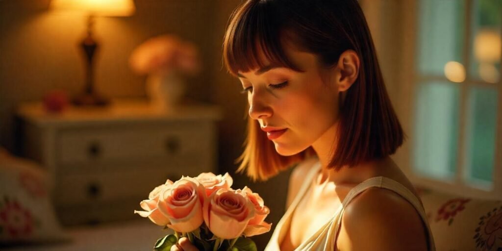 Realistic image of a woman with pin-straight blunt hair in a soft white dress, captured in a romantic, serene atmosphere.






