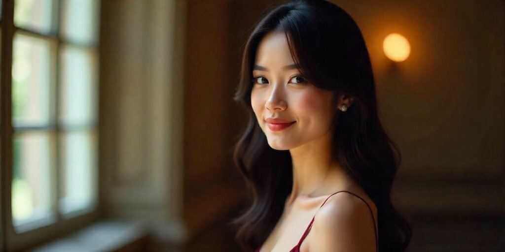 Extra long front pieces hairstyle with sharp angles and layered structure, elegant and modern, featuring dark straight hair and a romantic vibe.






