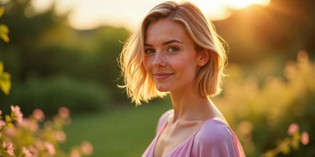 Woman with slightly angled haircut in a soft pastel dress, showcasing her jawline and cheekbones in a romantic outdoor setting.






