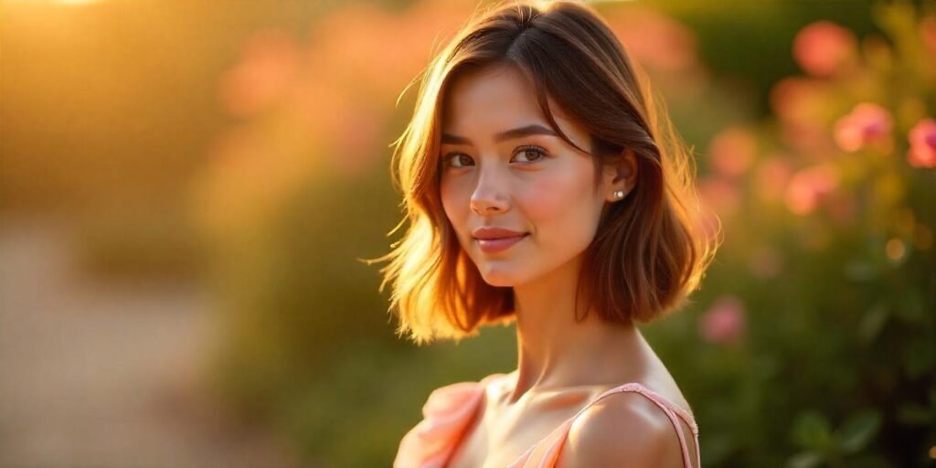 Shoulder-length hairstyle with gentle slope, framing face elegantly. Romantic, modern vibe with soft lighting and natural neck details.






