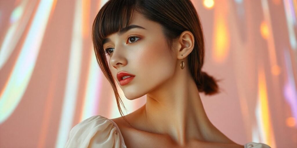 Real photo of a woman with straight asymmetrical hair in a pastel dress, exuding a romantic and tailored vibe.