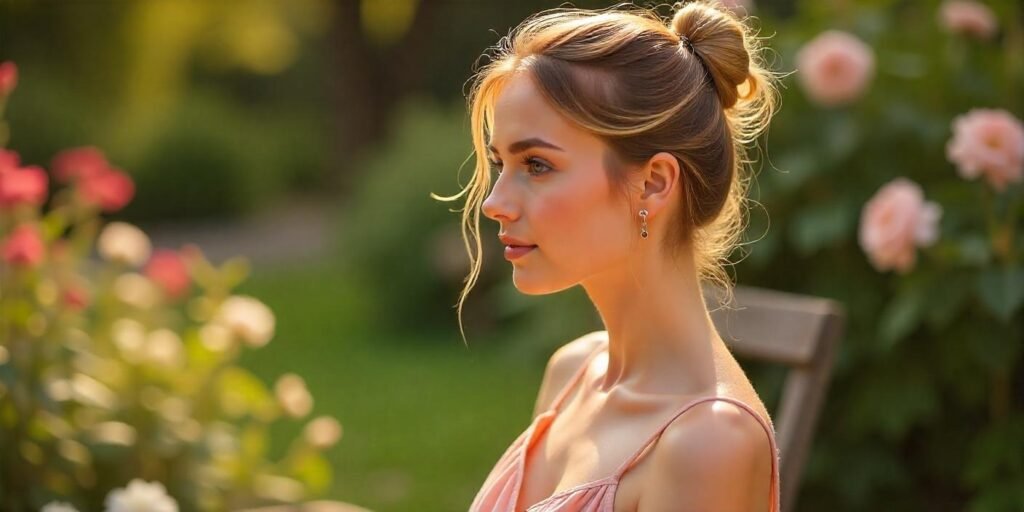 Woman securing messy bun with loose strands, blush pink dress, romantic garden background, natural lighting