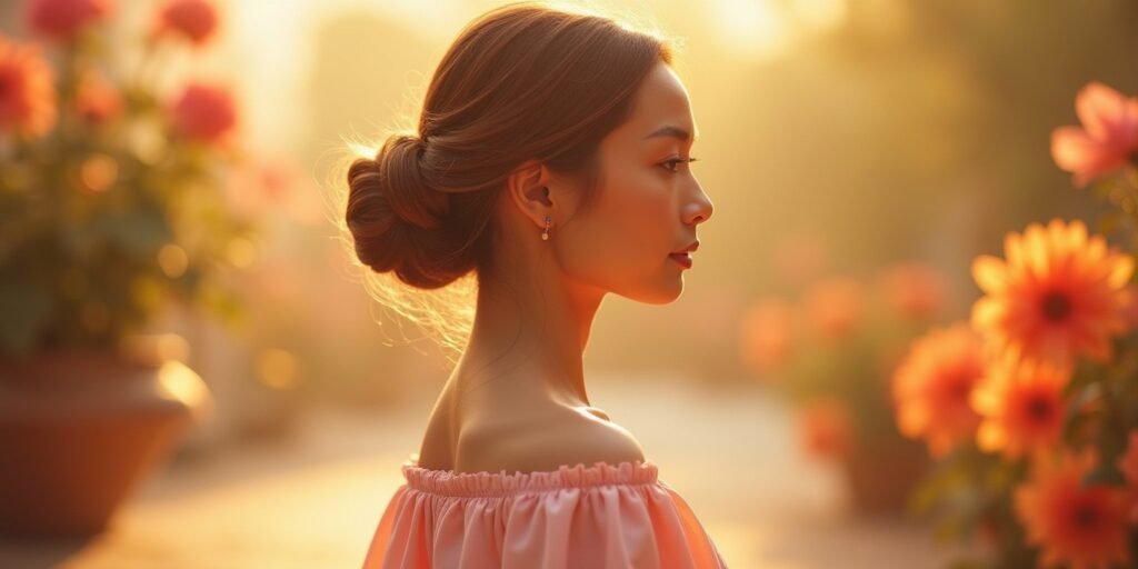 "Woman in pink dress applying hairspray for sleek hairstyle in a romantic garden setting"