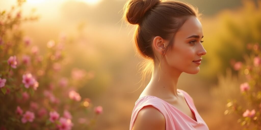 Young woman with high and tight bun hairstyle in pastel pink dress, standing in a romantic outdoor setting
