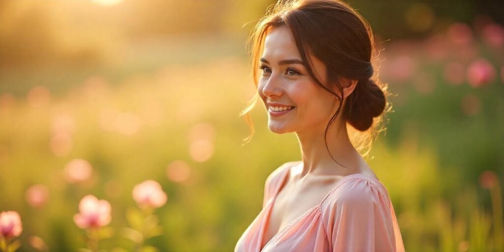 Woman with dark brown low loose bun hairstyle wearing pastel pink dress in romantic outdoor setting.