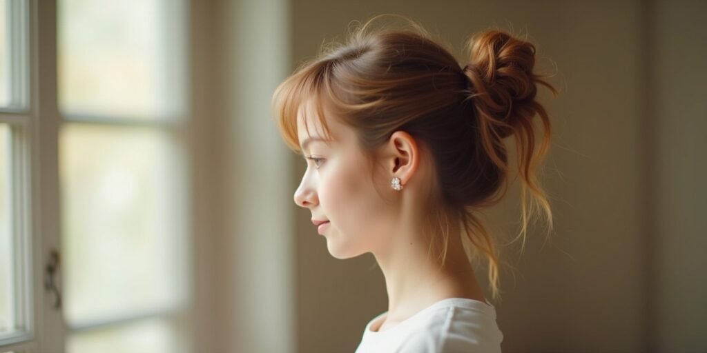 Young woman with messy 3-bun hairstyle wearing a pastel dress in a romantic setting, showcasing a carefree and natural look