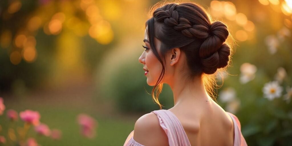 Realistic image of twisted 3 buns hairstyle, perfect for formal events, with a romantic background and pastel dress