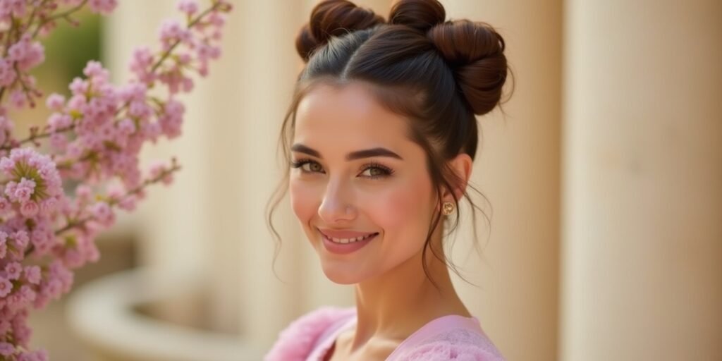 Woman with asymmetrical 3-bun hairstyle in a romantic garden setting, wearing a pastel dress and showcasing a modern, avant-garde look