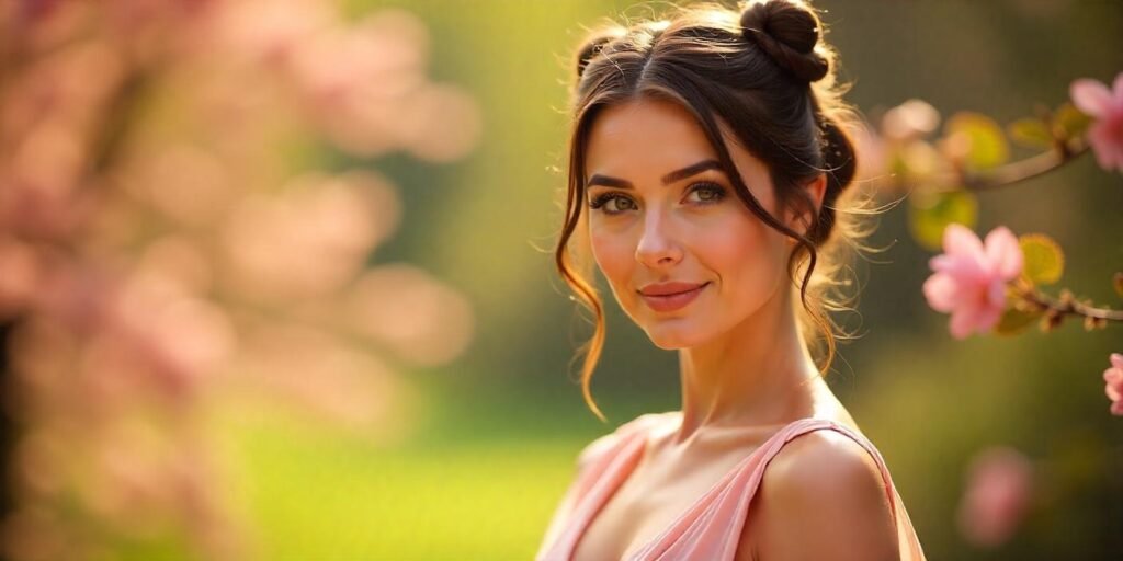 Woman with unique 3 bun hairstyle in pastel pink dress, romantic outdoor setting, bold and playful hair look