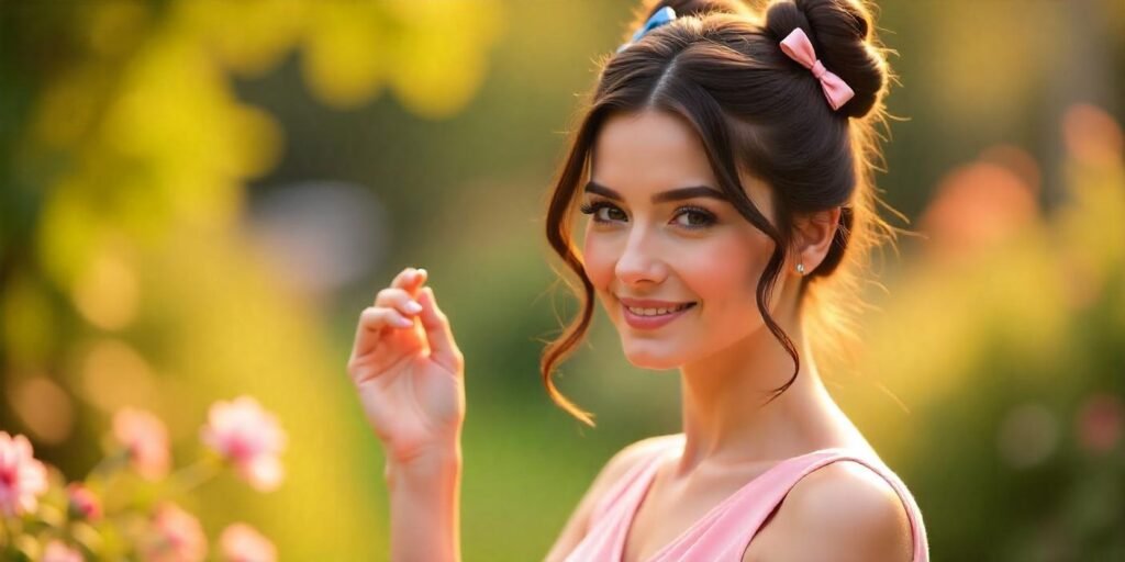 Woman with 3 bun hairstyle using decorative pins and ribbons in a romantic garden setting