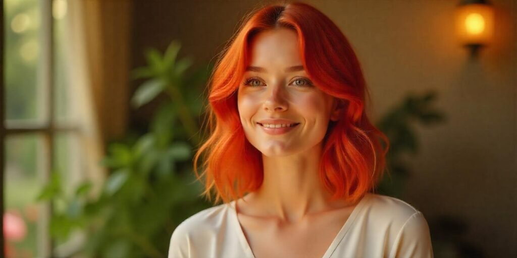 Realistic image of a woman with red flipped hairstyle for straight hair, romantic background, and soft lighting.