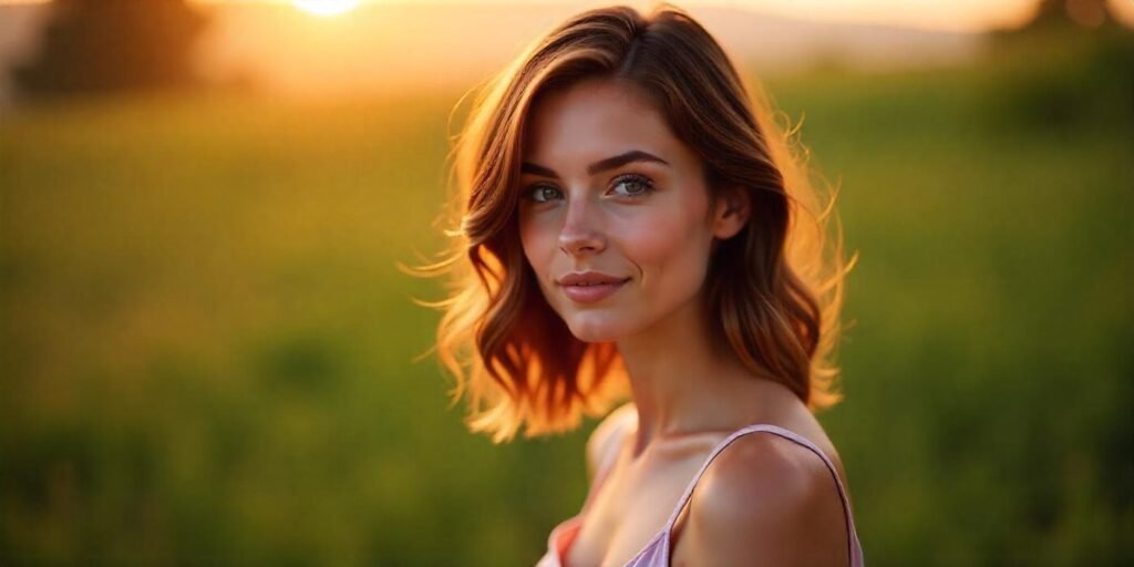 Natural wavy brown lob with face-framing highlights, styled with blunt tips, in a romantic outdoor setting.