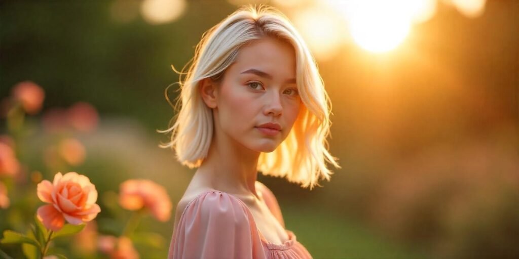 Layered blonde haircut for thick hair with face-framing pieces in a romantic garden setting.