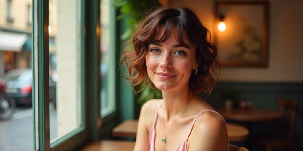 Curly collarbone-length cut with baby bangs on a woman in a romantic Parisian café, wearing a soft pink dress.