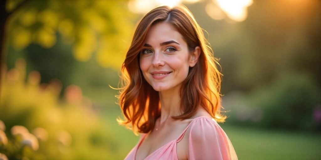 Side-parted auburn hair with brown highlights styled in a medium-length cut, wearing a light pink dress. Romantic outdoor atmosphere.