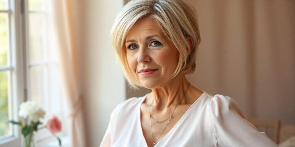 Blonde choppy wedge haircut for women aged 50+ with sharp layers, adding volume and texture. Perfect for round faces, offering a youthful and edgy look.