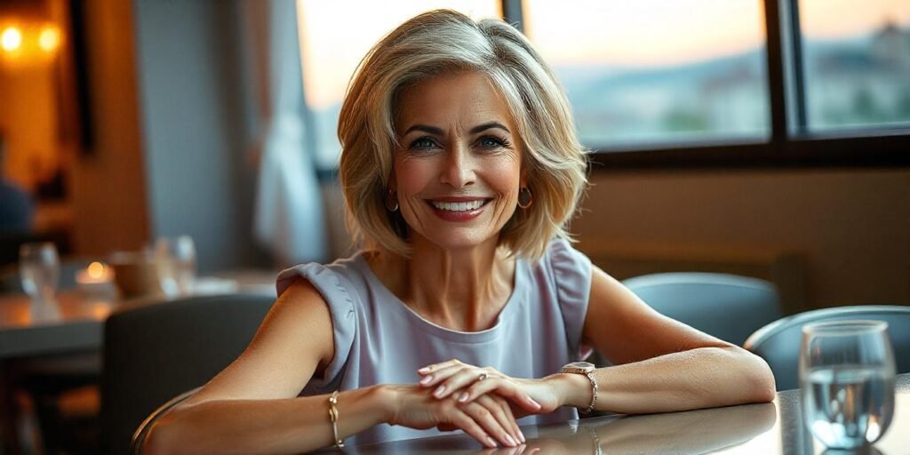 "Realistic image of a woman aged 50+ with a blonde wedge haircut, offering volume and texture, styled for a youthful and chic look. Soft pastel dress with romantic background."