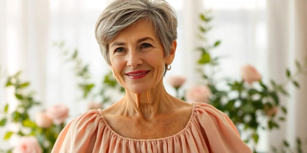 Realistic image of a woman over 60 with a laid-back textured choppy pixie cut, wearing a blush-colored dress, in a romantic outdoor setting. The haircut frames her face and enhances her natural features with volume and texture.