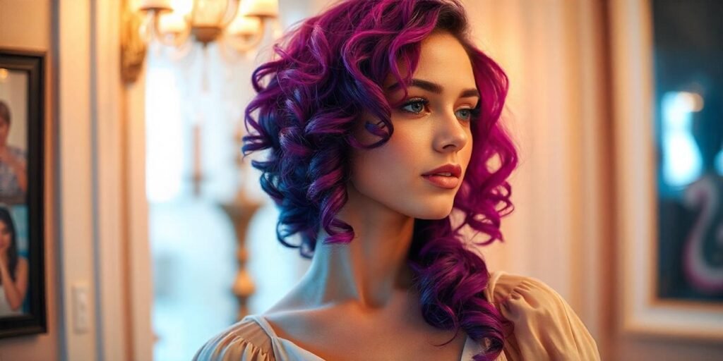 Beautiful woman with rich, multi-dimensional hair highlights and soft, natural curls, wearing a neutral-colored dress in a romantic setting.