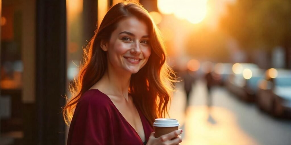 Realistic image of a woman with chocolate-brown hair with reddish highlights, wearing a burgundy blouse, holding coffee in a romantic setting.