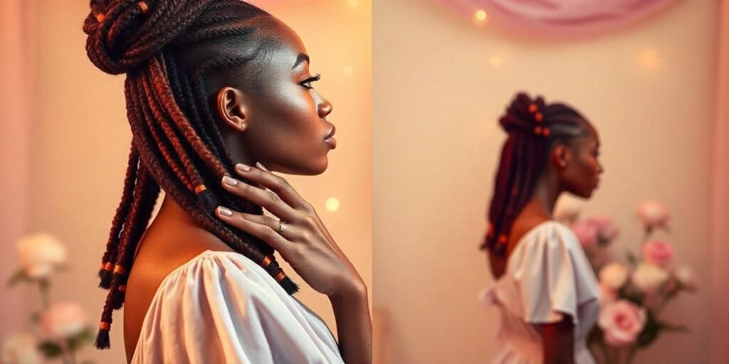Realistic photo of a woman with mahogany twists, soft pastel dress, romantic background, showcasing lively hair texture with realistic neck detail.