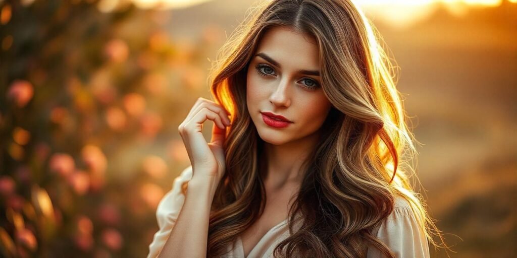 Realistic photo of a woman with warm balayage hair, golden highlights, and soft flowing dress in a romantic outdoor setting.