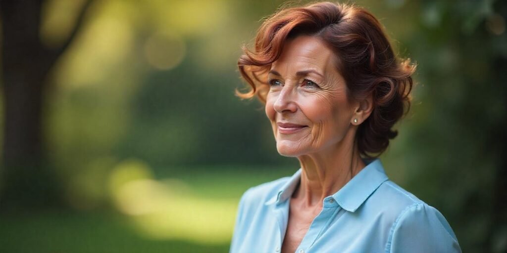 Curly wedge crop hairstyle for women aged 50+, enhancing volume and fullness, styled with a round brush and volumizing lotion, with a romantic outdoor background.