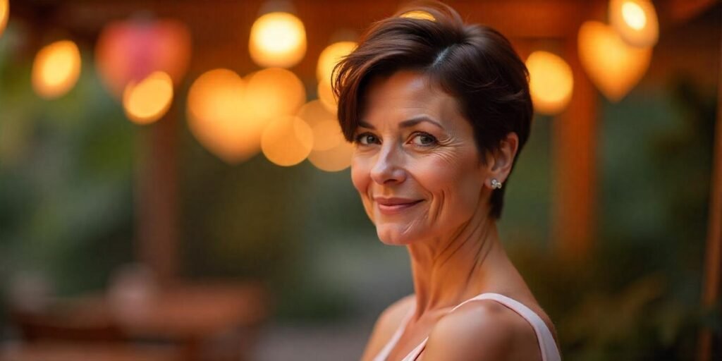"Short pixie wedge haircut with side parting, natural dark brown hair with highlights, soft light beige dress, romantic background, woman over 50, youthful, elegant, low-maintenance hairstyle for mature women."