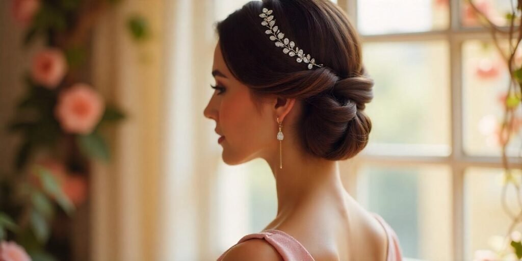 "Elegant braided French twist hairstyle with a dazzling headpiece for a romantic, creative flair."