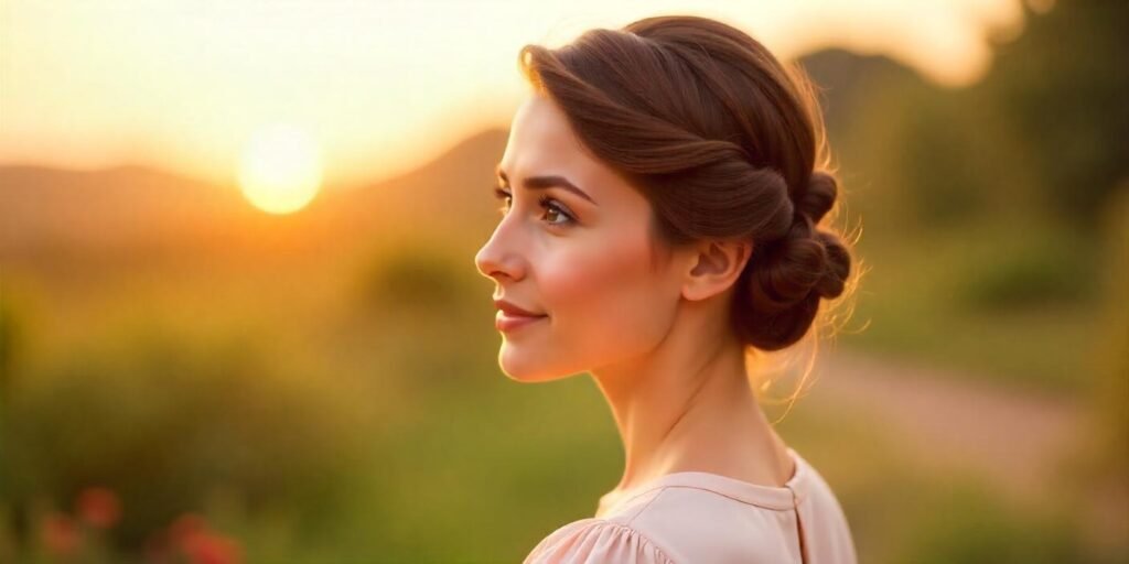 Casual French Twist hairstyle on a woman wearing a pastel dress, outdoors with a romantic background