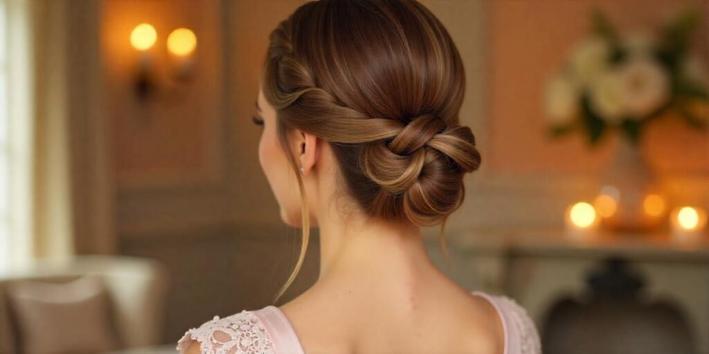 Elegant French braided twist updo with a romantic pastel dress in a soft, charming setting.