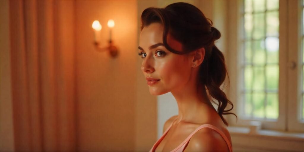 Woman with retro side ponytail updo wearing pastel dress in a romantic setting.