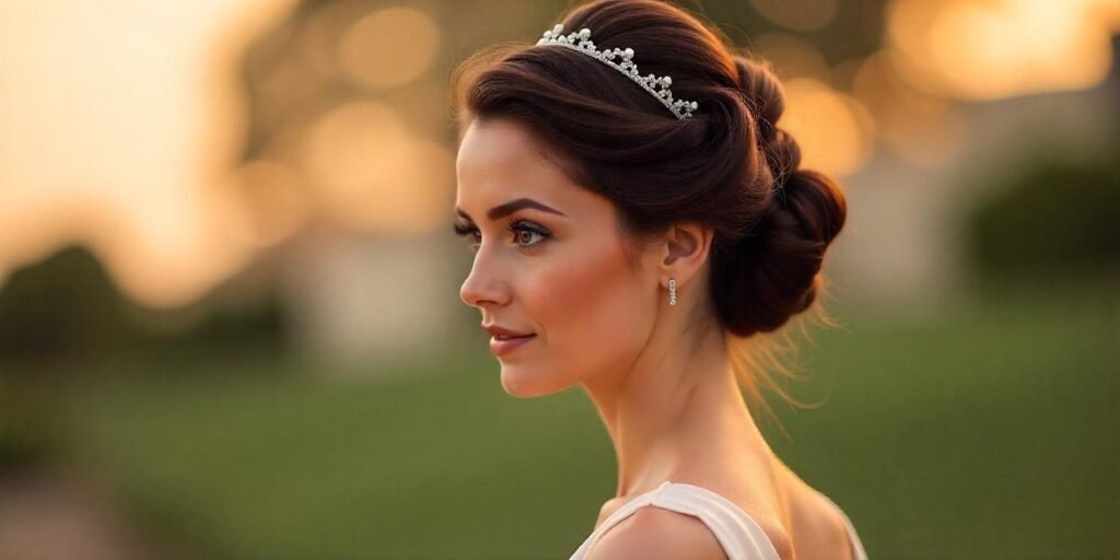 French twist updo with a big bouffant, subtle headband, and romantic vibe hairstyle for elegant women.