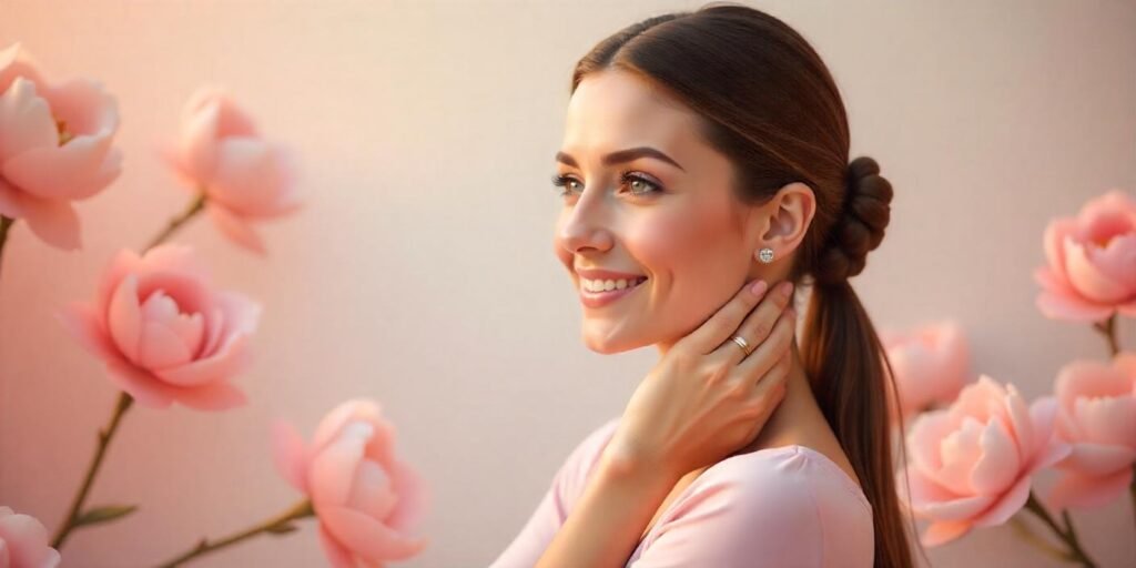 Realistic image of a woman with a French twist ponytail hairstyle, wearing a soft pastel dress in a romantic setting