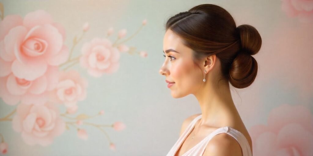 Triple bun updo hairstyle in a romantic pastel dress, perfect for a clean, elegant look