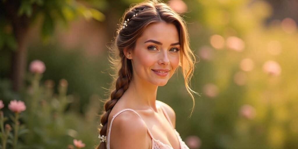 Big plaits hairstyle for women with beads and flowers, styled for a formal or festival event, wearing a romantic light pink dress in a garden with glowing lights