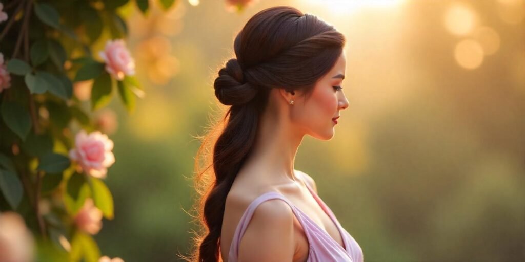 All-around twist hairstyle for long hair, featuring a natural look with a romantic background