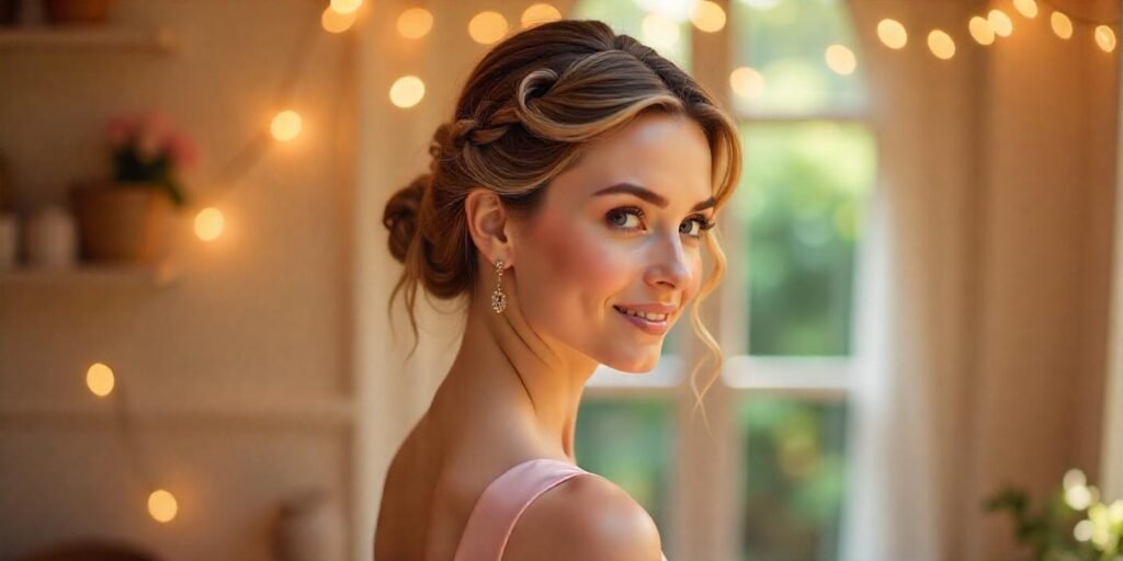 "Realistic undone French twist updo hairstyle with romantic blush pink dress in dreamy setting"