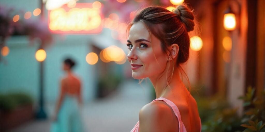Realistic image of a woman with a messy bun hairstyle, casual pastel dress, and romantic background