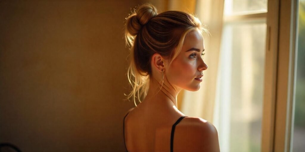 Realistic high bun hairstyle with soft strands, dressed in chic black outfit in romantic setting.