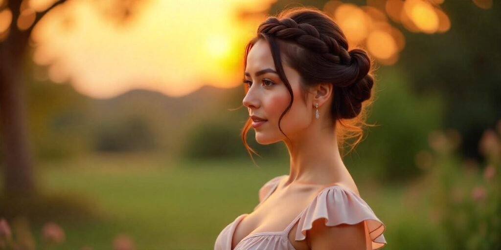 Romantic photo of a woman with a braided updo in a pastel dress, perfect for formal occasions.