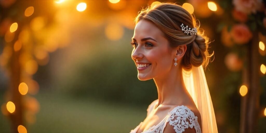 Romantic wedding hairstyle with chignon, veil, and white lace dress for a dreamy wedding setting