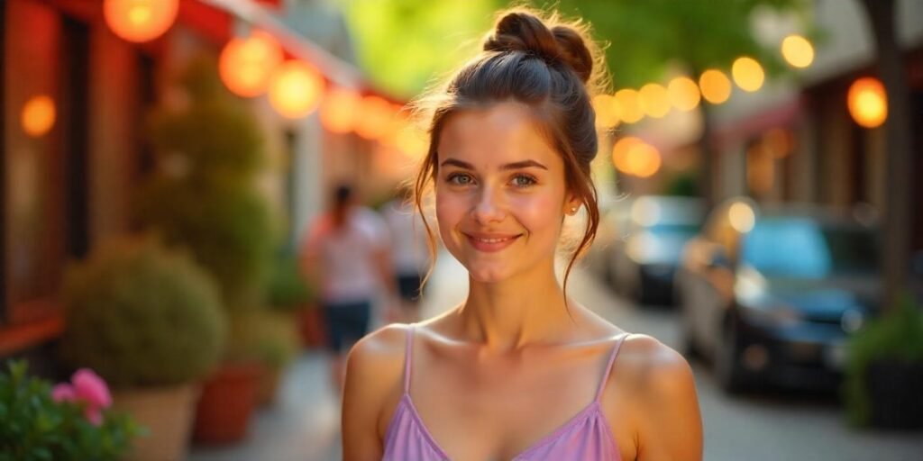 "Young woman with messy bun hairstyle in a sundress for a casual outing, in a romantic setting"