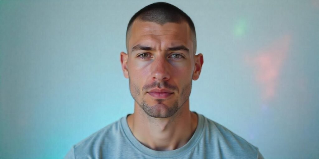 Man with a buzz cut hairstyle, oval face shape, natural contours, and a confident expression in a romantic setting.