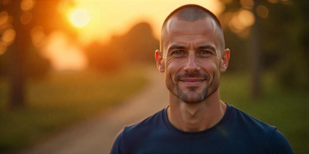 "Realistic buzz cut hairstyle for balding men, featuring a man with thinning hair in a romantic outdoor setting."