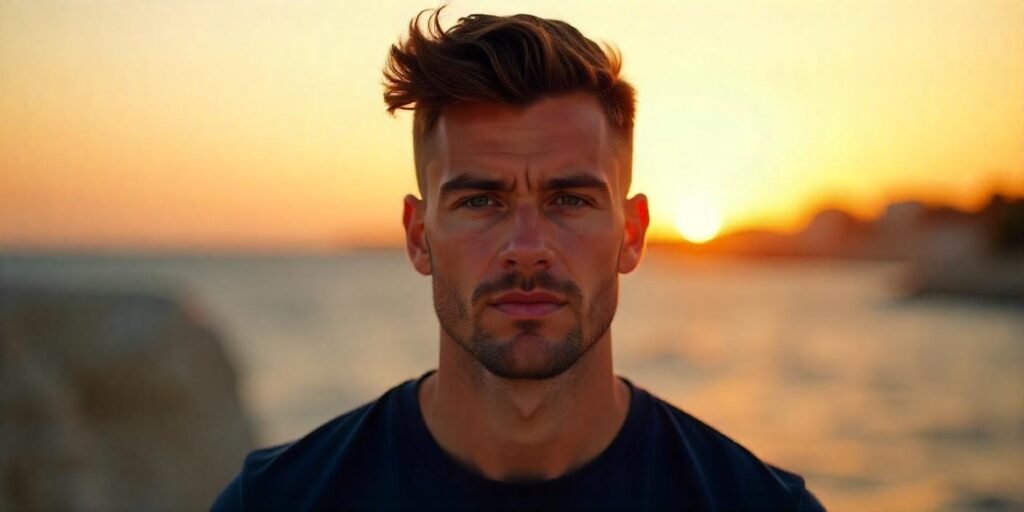 Textured buzz cut hairstyle for men, showcasing a natural, rugged look with casual dress and romantic background
