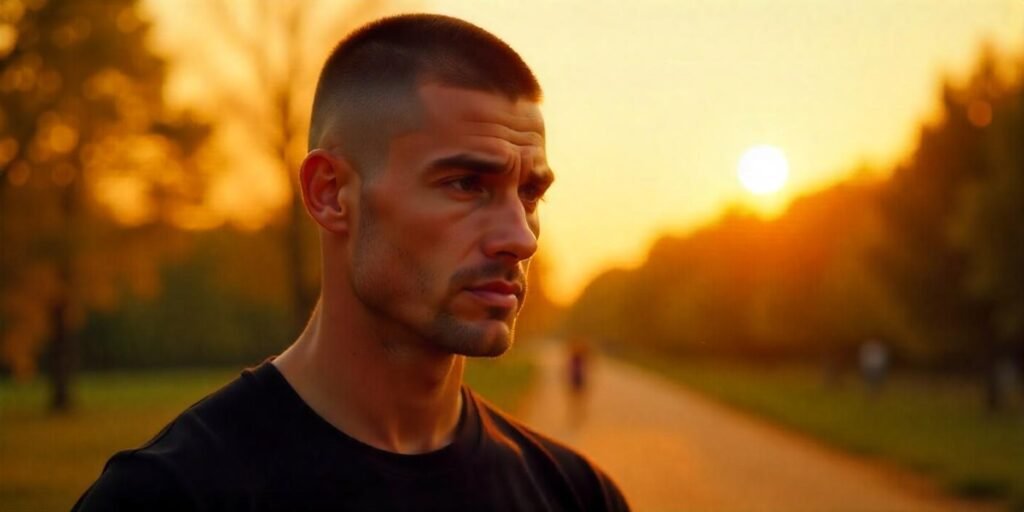 Military buzz cut hairstyle for men, showing a clean, tough look with a casual black t-shirt and a romantic background.