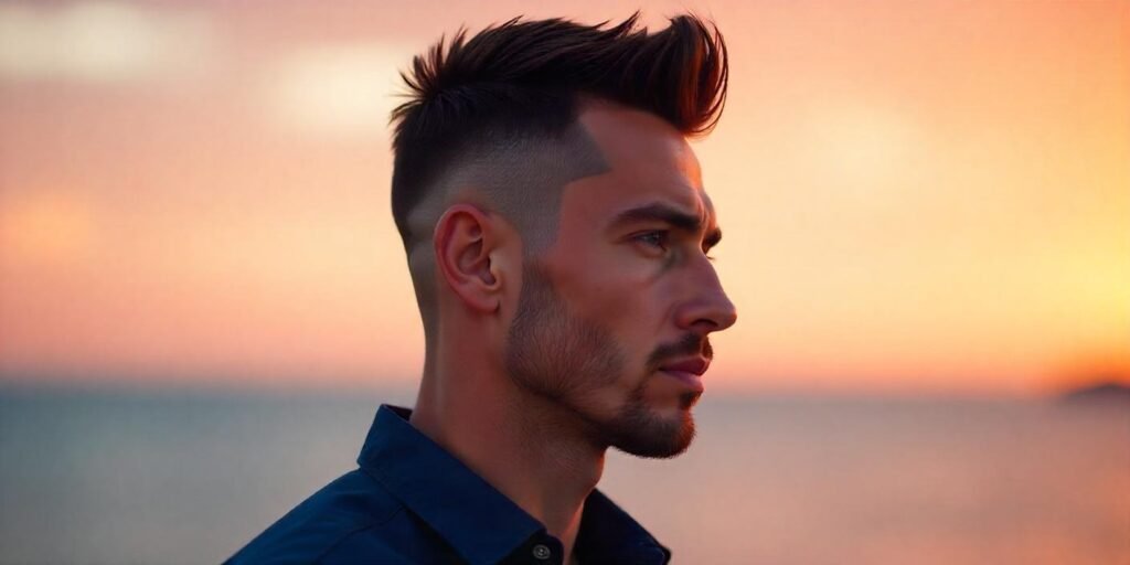 Geometric buzz cut hairstyle for men with angular lines, set against a romantic sunset background.