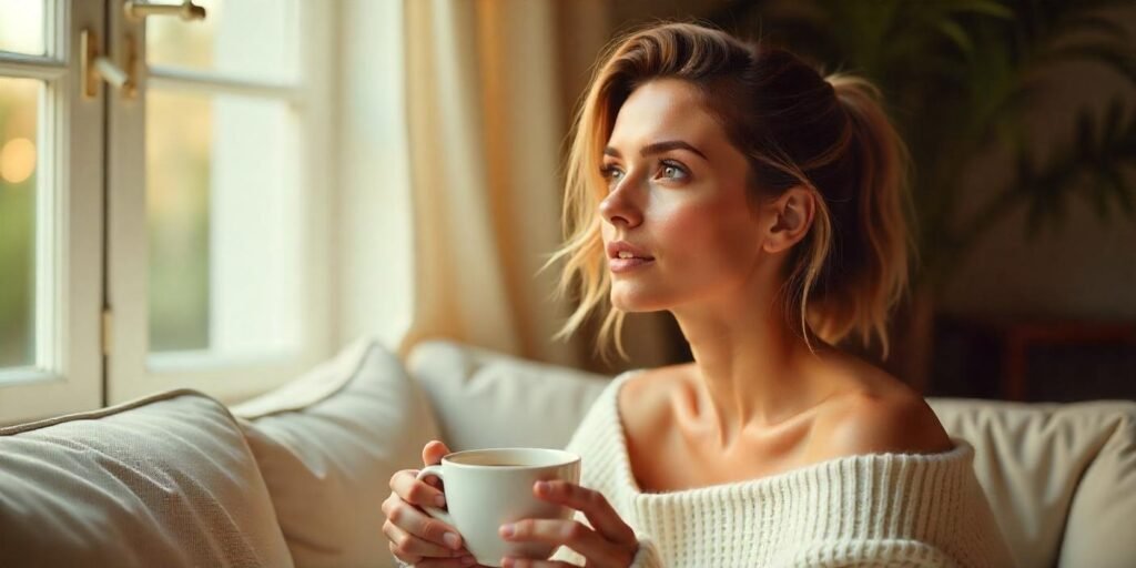 "Flashdance hairstyle with soft waves and romantic vibe, featuring a relaxed off-shoulder sweater and natural neck appearance."









