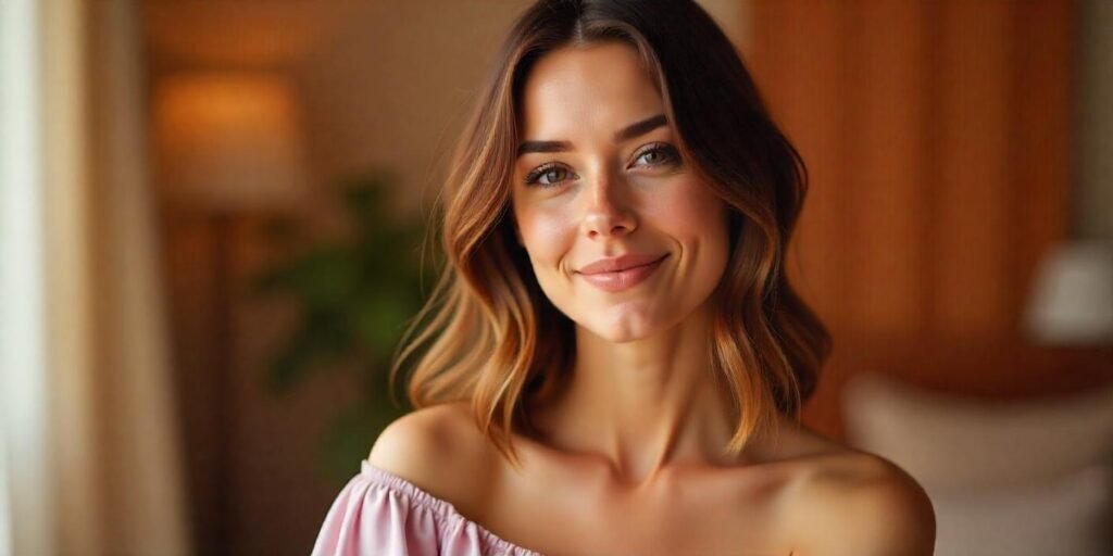 "Straight hair styled with relaxed waves and minimal effort, wearing a pastel off-shoulder dress in a romantic setting."








